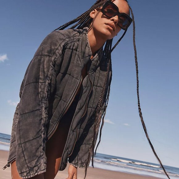 Free People Dolman Quilted Knit Jacket Oversized Zip Front Black Medium - Picture 7 of 9